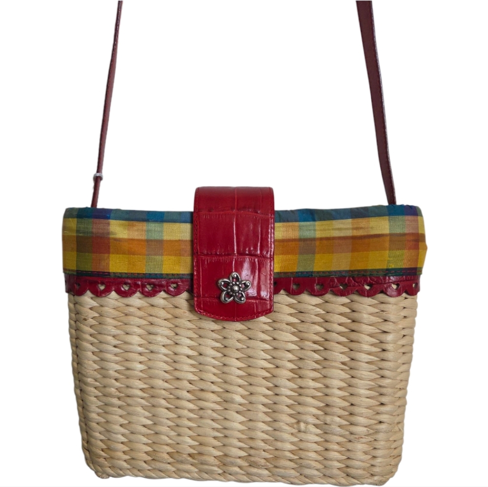 Brighton Straw Weave Madras Print Red Leather Trim Basket Bag With Heart Accents